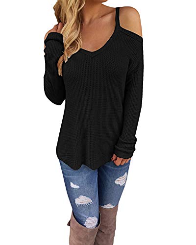 OURS Waffle Knit Sweater Shirts for Women Long Sleeve Black