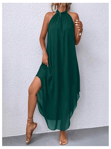 Image of Verdusa Women's Wedding Guest Dress Halter Flowy Chiffon Long Dresses | Cocktail Dress, Asymmetrical Dress for Women, Sleeveless, Prom Dress, Cruise Outfits, Boho