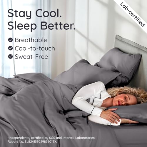 Image of Bambaw 100% Viscose Derived from Bamboo Duvet Cover Queen Size - 3 Pieces Cooling Duvet Cover Queen Set, Soft Duvet Cover Queen Size Set, Luxury Bedding Set, No Comforter (Dark Gray)