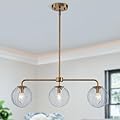 Zyzwmb Gold Linear Chandelier 3-Light Glass Globe Linear Pendant Light 27.6” Mid Century Modern Chandelier for Kitchen Island Dining Room Over Table Living Room with Striped Shade, Adjustable Height