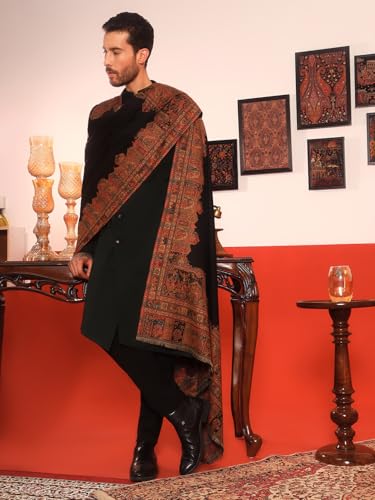 Image of Pashmoda Men Arcadia Borders Jamawar Shawl, Stole and Wrap, Sustainable and Natural Fabric, Heritage Kashmiri Pashmina, Medium Size for Gents, (Size 40x80 Inches)