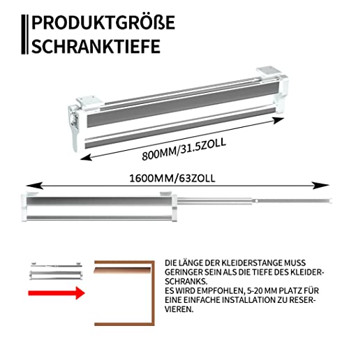 GIVROLDZ Verstellbarer Kleiderstangen, 800 mm/31,5 Zoll Gleitschiene Multifunktion Hosenbügel, Top Mount Kleiderbügel Ausziehbare Kleiderstange