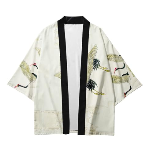 AMOMA Men Japanese Kimono Lightweight Loose Breathable Casual Cardigan Coat Top Yukata Jacket(3XL,CraneWhiteYellow)