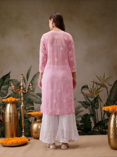 Image of Ada Hand Embroidered Chikankari Pink Georgette Kurta for Women A95581 (XS) | Handmade Lucknowi Chikan Embriodery ethnic kurti office work casual Straight Women's faux handcrafted Tunic