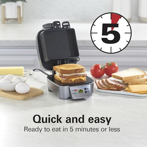 Hamilton Beach Sandwich Stacker Customizable Hot Sandwich Maker, 24 Sq. In. Non-Stick PFAS-Free Cooking Surfaces, Built-In Timer, Compact, Dishwasher-Safe, Perfect White Elephant Gifts, Silver (25471)