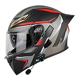* Bluetooth impermeabile e multifunzionale: il casco Bluetooth for moto con ribaltamento anteriore adotta la più recente tecnologia Bluetooth CSR, trasmissione del segnale super potente, consumo energetico estremamente basso, supporta tutti i dispositivi Bluetooth, può visualizzare le prestazioni direttamente sul telefono cellulare e dispone di audio surround dei bassi stereo qualità e risposte automatiche. Riproduzione di brani, cancellazione attiva del rumore durante le chiamate.