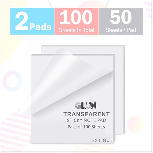 Image of GLUN 3x3 Inch Super Sticky Notes Pack 100 Sheets Clear Non-Tearable, Self-Adhesive Memo Pads, Strong 2X Adhesion for Office, School & Home Use