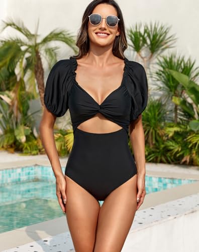 Upopby Women's Cutout One Piece Swimsuit Tummy Control Swimwear Retro Puff Sleeve High Waisted Bathing Suits2