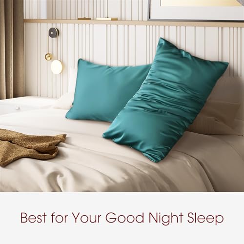 Image of 100% Silk Pillow Cases 2 Pack King Size Mulberry Silk Pillowcase for Hair and Skin Set of 2 Highest Grade 6A Silk Soft Breathable Silk Pillow Cases with Hidden Zipper, Teal