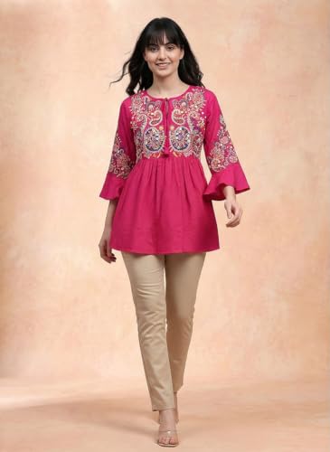 Image of Bee M Pee Designer Women's Short Kurti Navy Embroidered Viscose Rayon Tunic Tops