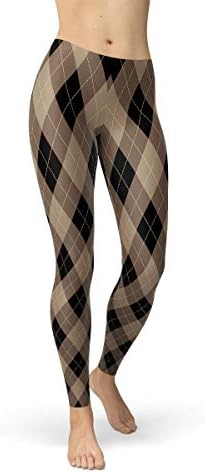 Argyle Leggings for Women Mid Waist Pants in Diamond Checkered Pattern Print Black, Beige