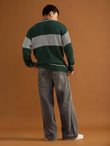 Image of The Souled Store Harry Potter: Lion's House Men and Boys Full Sleeves Crew Neck Striped Acrylic Ribbed Knit Pop-Culture Oversized Pullovers