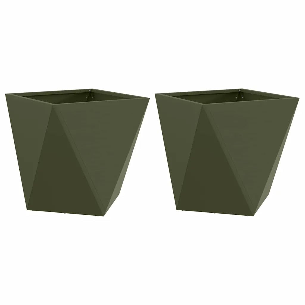 Helloshop26 Set di 2 fioriere moderne per esterni, 40 x 40 x 40 cm, stile pulito in acciaio, verde oliva 02_0053069