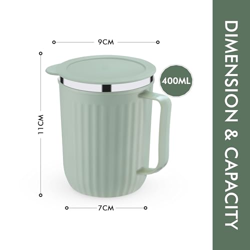 Image of Trueware Frost Unbreakable Mugs with Cap Stainless Steel Plastic Covered Travel Mug with lid for Tea, Coffee, Milk 400 ml (Green)