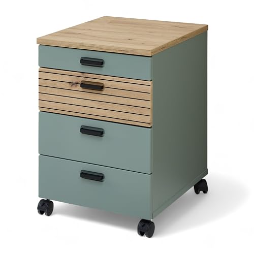 Stella Trading Glenn Rollcontainer Schreibtisch in Schilfgrün, Artisan Eiche Optik - Mobiler Büroschrank mit Schubladen - 45 x 66 x 55 cm (B/H/T)