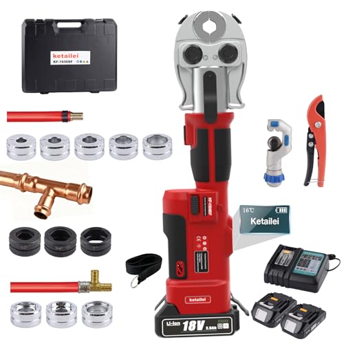 ketailei 18V MAX 22KN Pro Press Tool Cordless Plumbing Kit for Copper & PEX Pipes 3-Second Fast Cycle 1/2 3/4 1 Copper Dies 3/81 ASTM F1807 PEX Dies F877 Stainless Sleeves (KF-1930SF)
