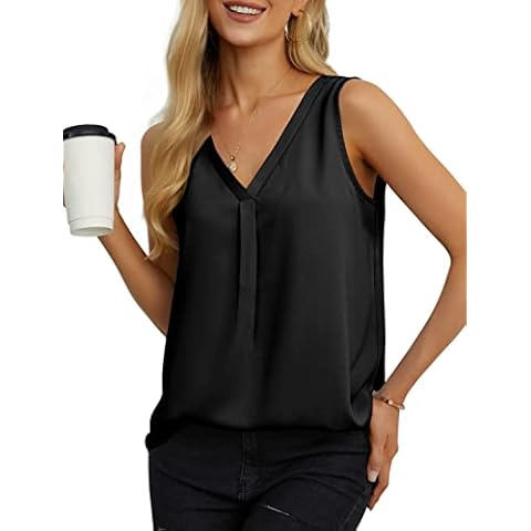 AWULIFFAN Women's Summer V Neck Chiffon Pleated Top Loose Sleeveless Tank Top (Black,Medium) Cover