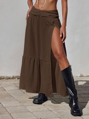 Women's Casual Western Style Solid Color Side Slit Hem Skirt 2025 Fashion Long Skirts 7
