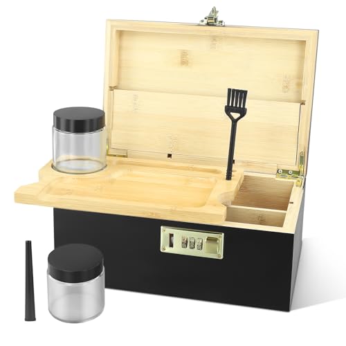 Boîte de rangement en bambou avec serrure à combinaison - 2 bouteilles en verre + pinceau + tube de rangement - Boîte en bois pour herbes, bijoux et...