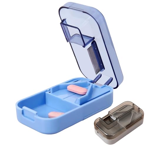 2PCS Small Pill Tablet Cutter, Portable Pill Splitter for Precise Cutting, 2-Piece Set with Storage Compartment, Ideal for Elderly, Children, Pets, and Travel (Grey and Blue)