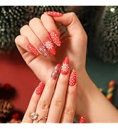 EIOAUY Christmas Press on Nails Medium Almond Fake Nails with Snowflakes Grid Design Full Cover M...