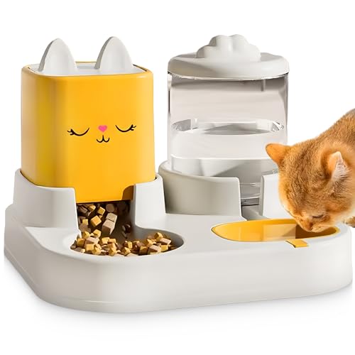 Bonpaw 2-in-1 Feeder for Cats and Small Pets – Cute Cat Face and Ear Design – Dual Compartments for Food and Water – Non-Slip, BPA-Free – Pastel Colors (Yellow or Blue) (Pastel Yellow)