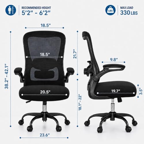 Image of Ergonomic Office Chair for Long Hours, Adjustable Padded Lumbar Support for Lower Back Relief, 330 lb Capacity, Comfortable Computer Desk Chair for Home Office, Work & Study