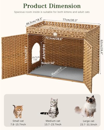 Image of SETVSON Cat Litter Box Enclosure Furniture, Handwoven Rattan Hidden Litter Box with Mat, Large Space Cat House with 2 S-Shaped Hooks 30.3 x 18.3 x 24.4 Inches, Indoor for Living Room Apartment Natural