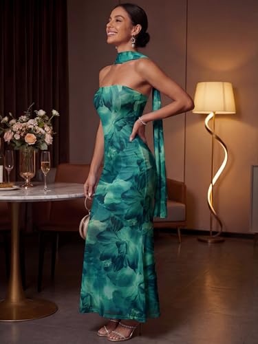Image of LUXVEER Women's Strapless Tube Dress Mesh Floral Summer Bodycon Long Maxi Cocktail Party Wedding Guest Dresses with Scarf