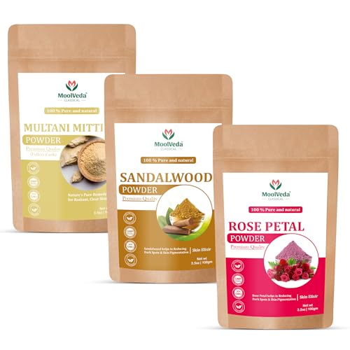 Image of Sandalwood Powder, Multani Mitti & Rose Petal Face Pack Combo | Pure & Natural Skin Care Powder for Men & Women | Pack of 3 | 100 g Each