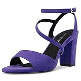 HDEUOLM Femmes Bloc Chunky Haut High Talon Heel Ouvert Bout Sandales Lanières Cheville Décontracté Cute Chaussures Violet 39 EU