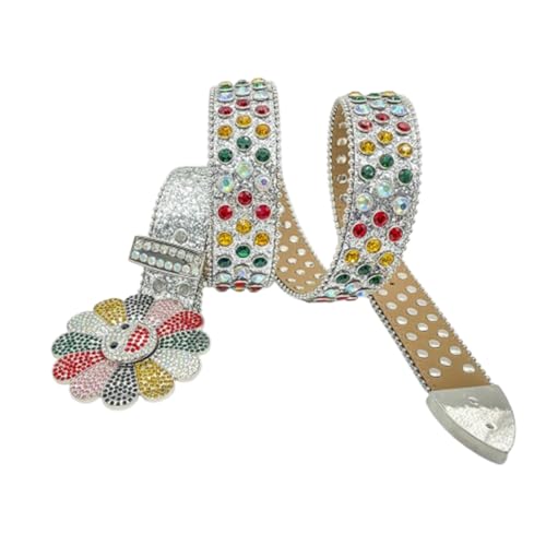 Women Rhinestones Snap Belts Bling Multi-color Studded Western Cowgirl Shiny Sequin Strap with Sunflowers Buckle