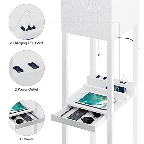 Image of SUNMORY Dimmable Floor Lamp with Shelves,Modern Solid Wood Standing Lamp with 1 Drawer and 2 USB Ports & 2 Power Outlet,Corner Tall Bookshelf Lamp for Living Room and Bedroom(White)