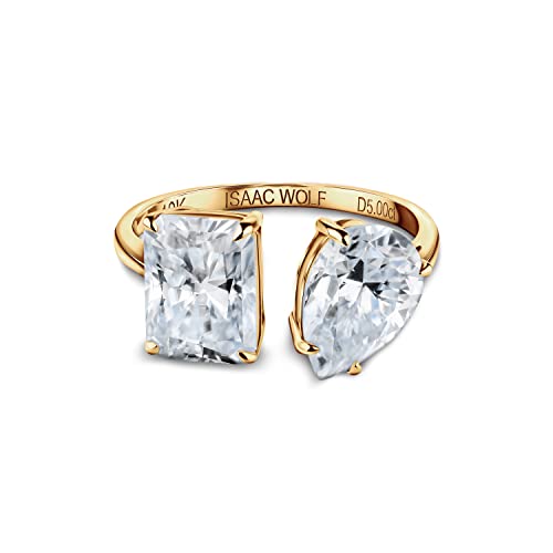 ISAAC WOLF 10k Solid 5 CTW Toi Et Moi Ring Pear Radiant Cut Moissanite 2-Stone Rings (Yellow Gold, 6)