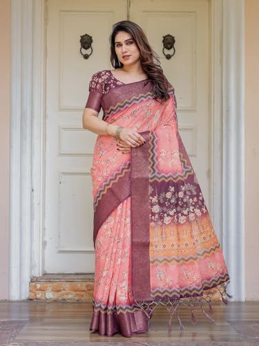Image of ALMAARI FASHION Floral Printed Cotton Saree for Women with Handloom Zari Weave, Traditional Lightweight Ethnic Saree for Wedding Festive Office Party with Blouse Piece (LINEN 81-90 SH)