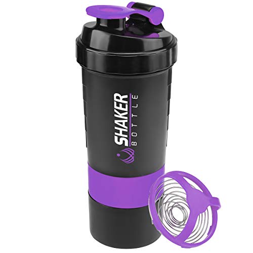 VIGIND Protein Shaker Bottle - Sports Water Bottle - Non Slip 3 Layer Twist Off 3oz Cups with Pill Tray - Leak Proof Shake Bottle Mixer- Protein Powder 16 oz Shake Cup with Storage