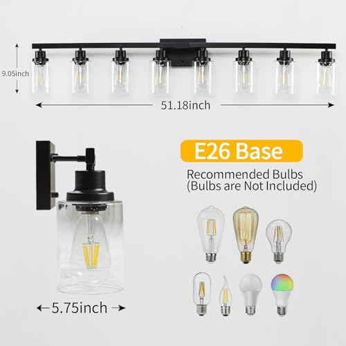 Image of 8 Light Bathroom Vanity Lights Over Mirror, 52inch Black Vanity Lights Fixtures Matte Black Modern Vanity Lights Black Bathroom Wall Lighting for Mirror Bedroom,Living Room