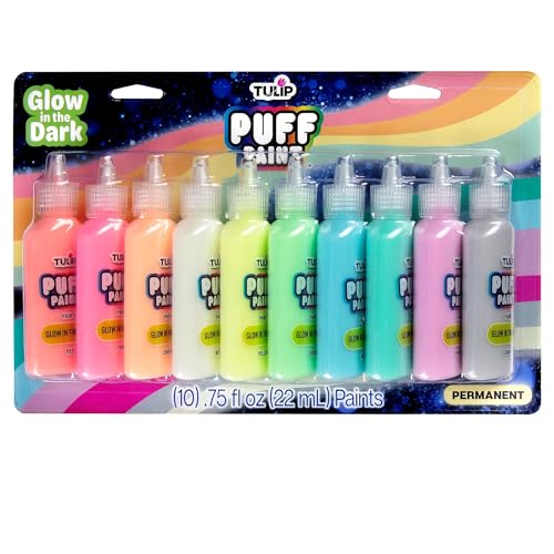 Tulip Puff Paint Glow in the Dark Colors 10-pack, Multi-Surface, Premium Quality, Nontoxic & Waterproof Craft Paint, Permanent on Fabric, 10-pack
