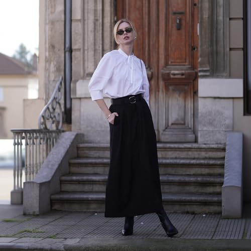 Women's A-Line Maxi Skirt with Belt and Pocket, Ankle Length, Black3