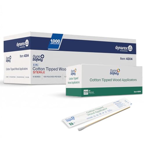 Dynarex Cotton Tipped Wood Applicators - 6" - Sterile - Medical Swabs for Wound Care, Cleaning, Crafts - 10 Boxes per Case, 100 Pouches per Box, 1 Applicator per Pouch