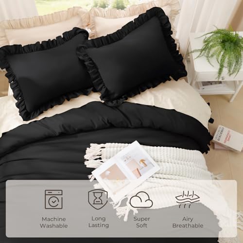 Image of Litanika Black Queen Comforter Set, 3 Pieces Ruffle Farmhouse Aesthetic Bedding Comforter Set, All Season Soft Lightweight Fluffy Microfiber Bed Set(90x90In Comforter, 2 Pillowcases)