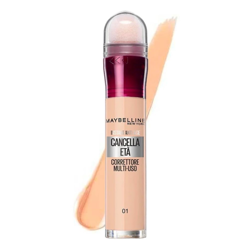 Maybelline New York Correttore Multi-Uso, Idratante e con Coprenza Modulabile, Imperfezioni e Occhiaie Coperte, Con Bacche di Goji e Haloxyl, Cancella Età, Tonalità: 01 Light, 6,8 ml