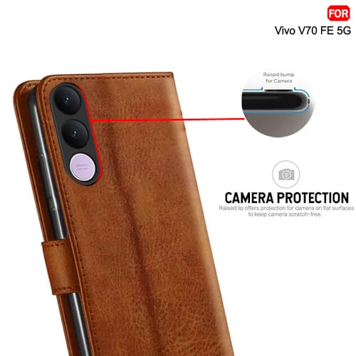 Image of TheGiftKart Genuine Leather Finish Flip Back Cover Case for Vivo V70 FE 5G | Inbuilt Pockets & Stand | Wallet Style | Designer Button Magnet Flip Back Cover Case (Faux Leather, Brown)