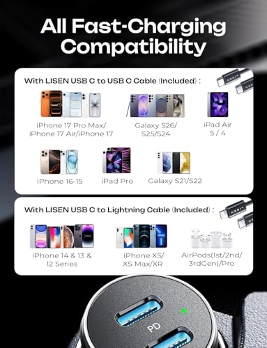 Image of LISEN 90W Car Charger USB C Fast Charge, USB C Car Charger Fast Charge, Type C Car Charger for iPhone 17 Pro Max 16 15 14 13 12 11, for Samsung S26 S25 S24 [with Lighning & USB-C Cable]