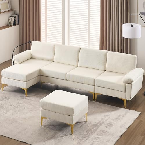 UPHYB 114” U-Shaped Sectional Sofa Couch,Corduroy Convertible 4 Seater Sofa Set with Chaise Lounge,Ottoman and Detachable Phone Holder,Comfy L Couch for Living Room,Bed Room and Apartment(Beige)