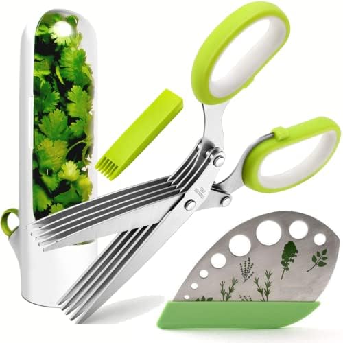 Herb scissors with 5 blades and cover - 2023 Updated Sharp Multi-Blade Stainless Steel Herb Shears for Kitchen; Kale and Herb Stripper with Herb Savor Pod Fringe Scissors by HOMECREDIBLES