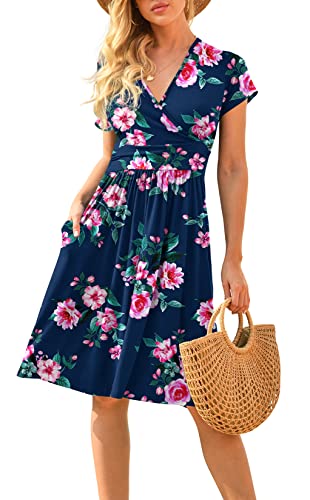 Image of LILBETTER Women's Casual Loose Pocket Midi Dress Short Sleeve Floral Dresse Flower Navy Blue Small