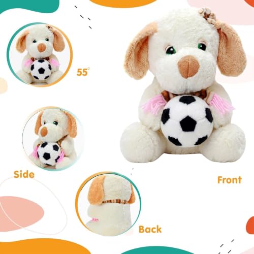 Image of Tickles Muffler Dog with Football Soft Stuffed Plush Animal Sports Theme Toy for Kids Boys & Girls Birthday Gifts (Size: 22 cm Color: White)