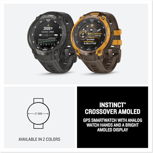 Image of Garmin Instinct Crossover AMOLED, Rugged Hybrid GPS Smartwatch with Analog Watch Hands and Bright AMOLED Display, Bronze /Sunburst with Cocoa Silicone Band