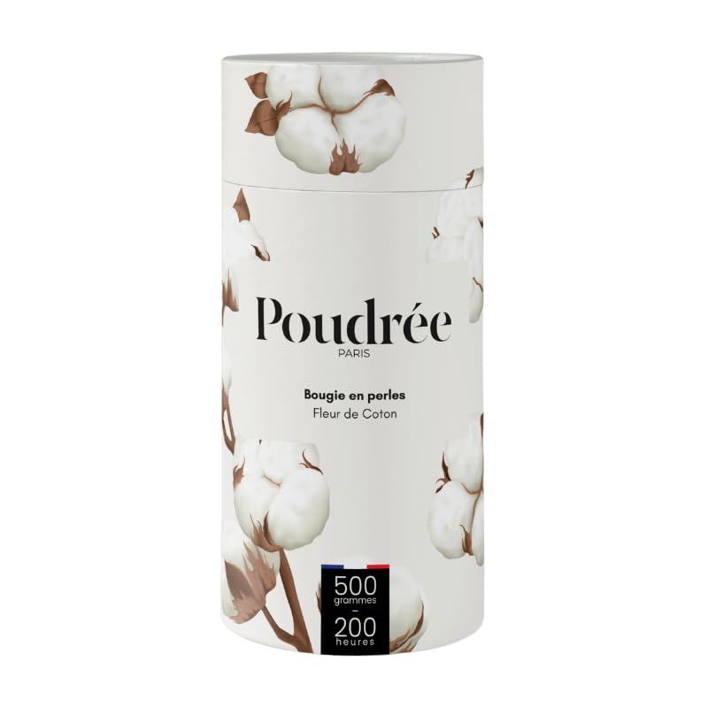 Kerze aus Wachsperlen, Baumwollblüte, 500 g – 200 Stunden | nachfüllbar, elegant & wiederverwendbar | Set mit 10 Dochten – hergestellt in Frankreich – originelle Geschenkidee